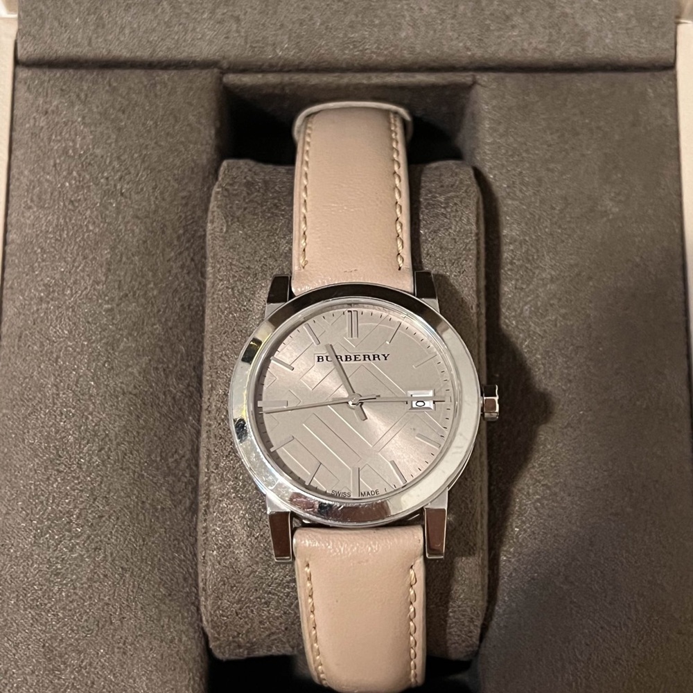 Burberry Silver Dial with Cream Strap Watch
